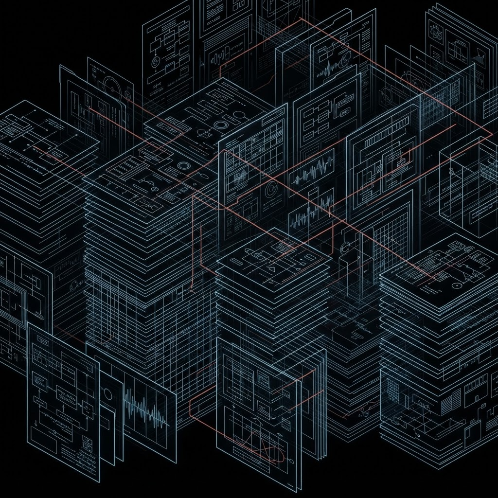 Abstract blueprint illustration of stacked federal bulletin documents rendered as glowing linework
