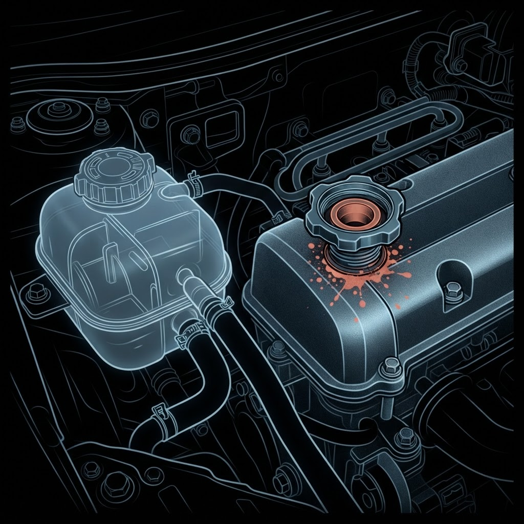 Blueprint-style schematic of an engine bay coolant reservoir and oil filler cap
